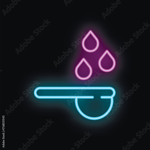Neon sign of a measuring spoon pouring three drops on a black background