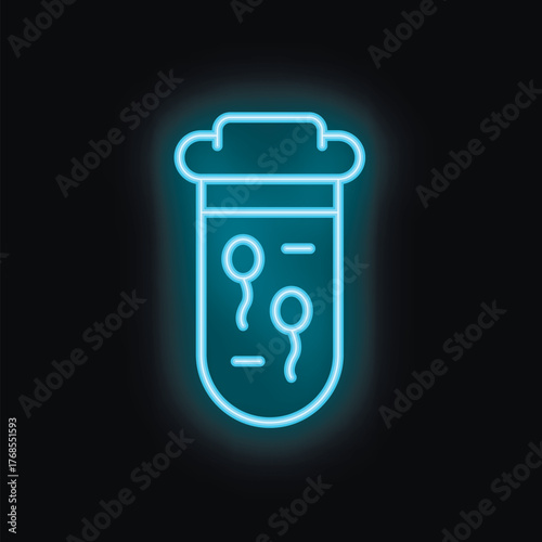 Blue neon icon of a sperm bank glowing on a dark background