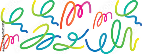 A vibrant pattern featuring organic, rainbow-colored wavy ribbons and 3D graphic shapes with smooth color gradations, perfect for playful designs Abstract rainbow gradient wavy lines pattern for kids