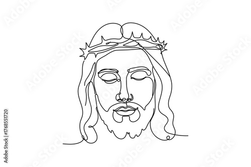 Line drawing of Jesus Christ with crown of thorns. Linear background. Vector illustration Editable stroke