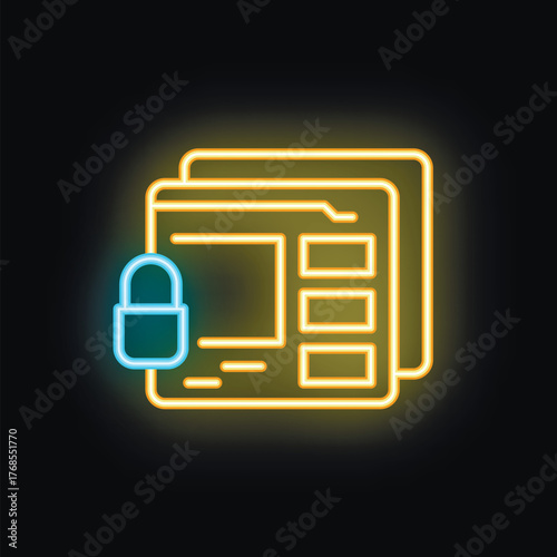 Glowing neon padlock is securing webpage content with encryption