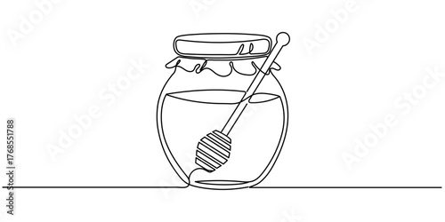 Glass canning jar and big spoon with honey in continuous line art drawing style. Food preserve. Continuous one line drawing Editable stroke