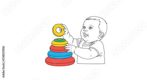 Baby with a colorful stacking toy on a white background, learning and playing.
