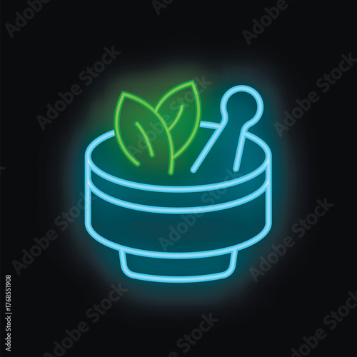 Neon sign representing a mortar with a pestle crushing herbs, perfect for a pharmacy or a natural medicine store
