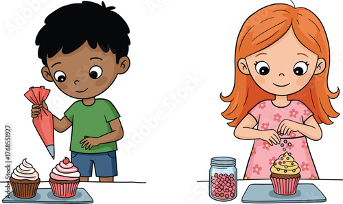 Children decorating cupcakes, frosting and sprinkles, baking fun, creative kitchen moment, cartoon kids, dessert art, cheerful cooking activity, sweet treats