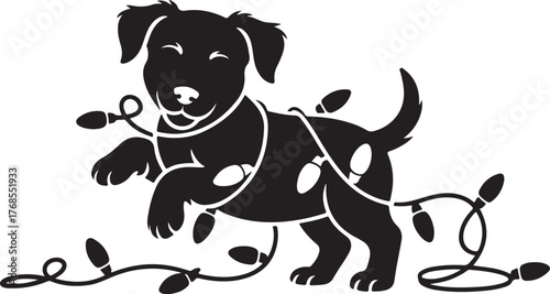 Playful Puppy Tangled in Christmas Lights – Adorable Black Silhouette for Holiday Cards, Shirts & Stickers