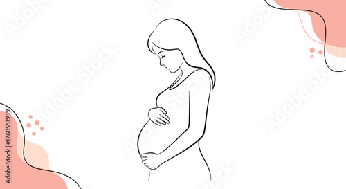 Minimalist line drawing of a pregnant woman cradling her belly with soft pink abstract shapes in the background.