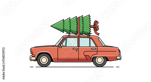 Festive Christmas Vector Car Carrying Holiday Tree