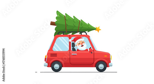 Santa Claus Driving Red Car with Christmas Tree Festive Vector Illustration