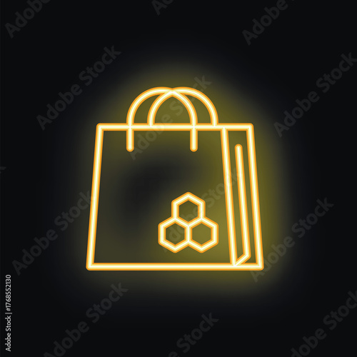 Neon yellow shopping bag glowing on a black background, featuring a honeycomb logo, representing a concept related to honey products, beekeeping, or natural and organic goods
