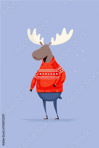 Playful moose wearing a colorful sweater stands against a purple backdrop