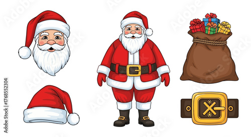 Christmas vector illustrations featuring Santa Claus, his hat, belt, and gift bag, perfect for festive designs
