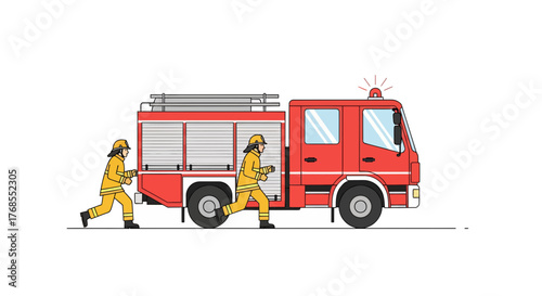 Brave firefighters in protective yellow uniforms running alongside a red fire engine during an emergency response mission. Flat vector illustration
