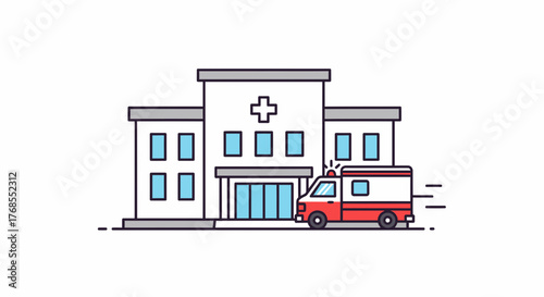 Emergency medical response with an ambulance arriving at the hospital building for urgent patient care
