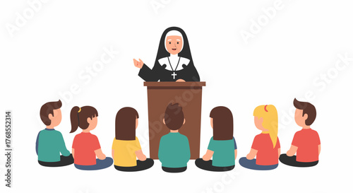 A Catholic nun standing at a lectern giving a lesson to a group of young children sitting on the floor and listening attentively