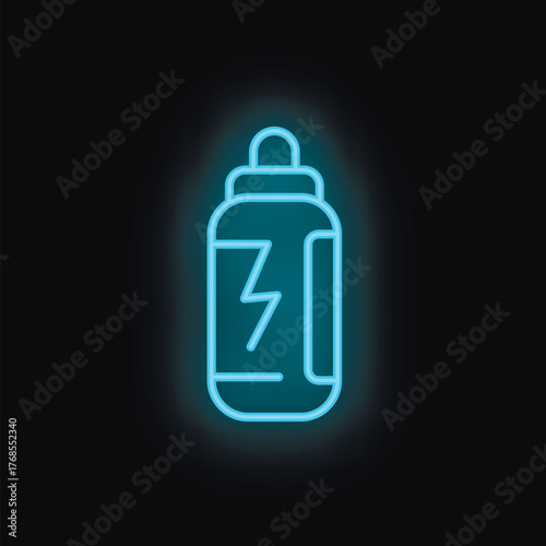 Blue neon sign of a sport nutrition container glowing on a brick wall background