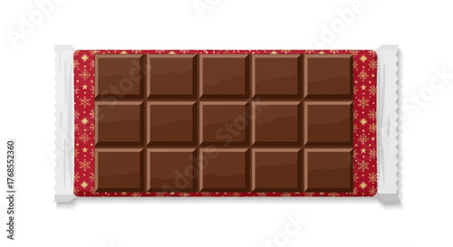 Delicious chocolate bar vector illustration featuring a vibrant red festive wrapper with subtle winter patterns, perfect for holiday season graphics and sweet treat promotions
