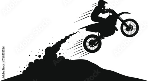 Silhouette of a motocross rider jumping high on a dirt bike, isolated on white background the rider is wearing a helmet and protective gear