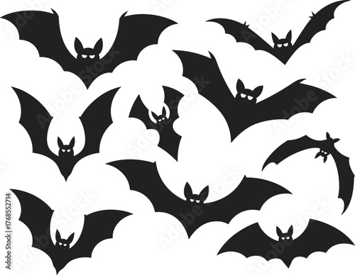 Flying black bat silhouettes collection, spooky Halloween bat shapes, scary nocturnal creatures illustration, gothic vampire animal design, horror night vector art