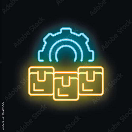 Neon sign representing product management with a gear placed above boxes on a dark background