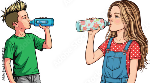 Children drinking from bottles illustration, cartoon boy and girl, hydration gesture, healthy habit, vector art, cheerful faces, lifestyle moment