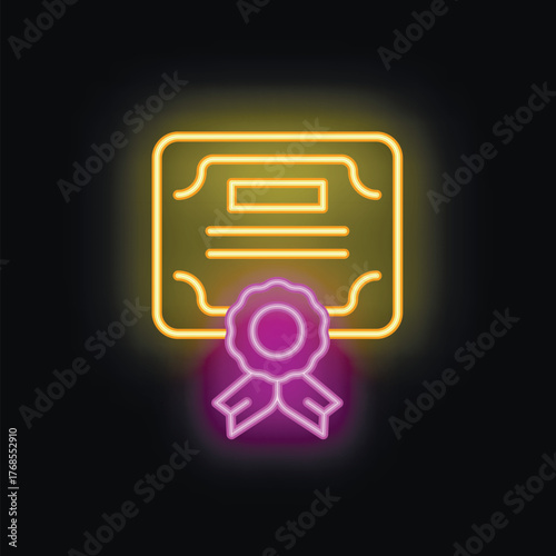 Neon sign illuminating a diploma certificate with a stamp and ribbon illustrating graduation