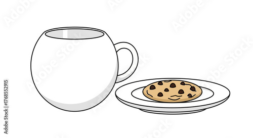 A simple vector illustration of a round white mug with a chocolate chip cookie on a saucer, isolated on a white background