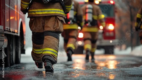 Group of firefighters walking together on a city street