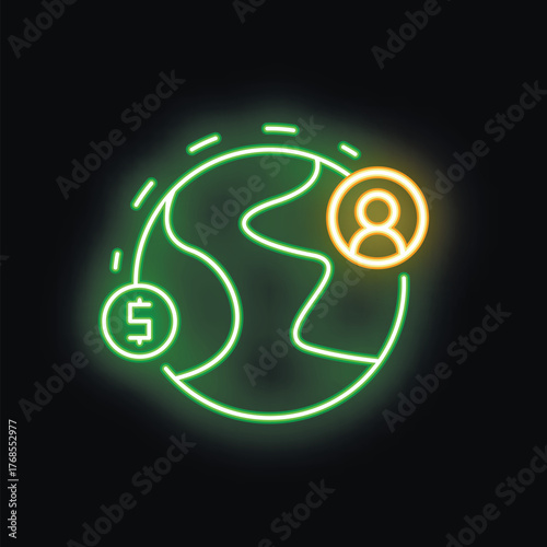 Neon green icon of the world is linked with a user icon and dollar sign on a black background