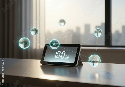 Futuristic tablet displaying ai icons with digital bubbles in modern office setting