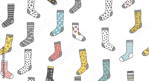 Vector Seamless Pattern of Fun and Colorful Socks. Ideal for Textile Design, Packaging, and Backgrounds, Featuring a Diverse Range of Styles and Prints for Modern Fashion