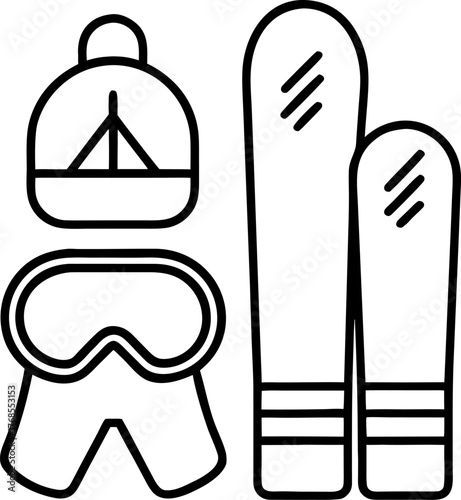 Snowboard and ski equipment vector outline icon on white background 