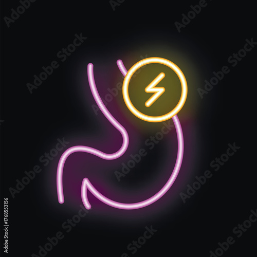 Neon stomach ache symbol is glowing on a black background, representing digestive problems and health issues