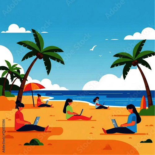 ai generative Vector scene of people working remotely with laptop, tropical beach background, minimal flat style.
