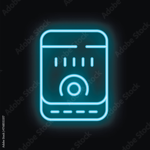 Blue neon icon of a power bank glowing on black background