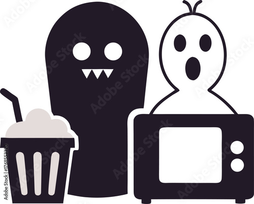 Tv popcorn ghost watching horror movie silhouette vector icon on white background 
