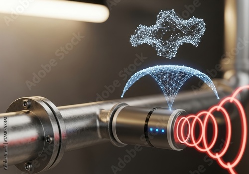 Futuristic digital data transmission through metallic pipe with holographic visualization
