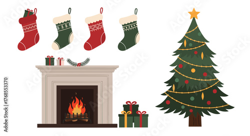 Cozy Christmas scene with a fireplace, stockings, gifts, and a decorated tree.