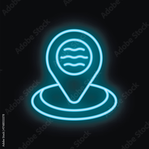 Blue neon pin showing location of swimming pool on black background