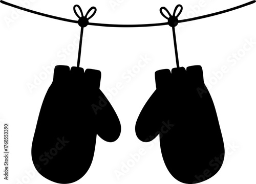 Winter mittens hanging on string vector silhouette on white background 
