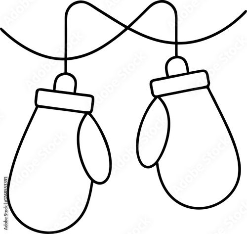 Winter mittens hanging on string vector outline  on white background 