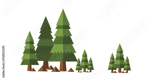 A minimalist flat design Vector illustration of a green pine and fir tree forest, isolated on a white background for nature concepts