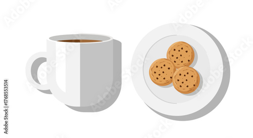 Delightful Morning Vector A classic white mug brimming with a hot beverage, perfectly paired with a plate of three delicious chocolate chip cookies for a cozy break
