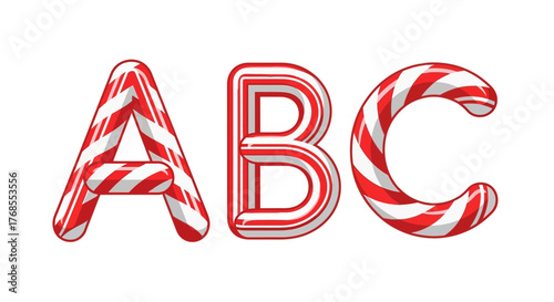 Christmas candy cane font vector set featuring letters A, B, C. Red and white striped sweet 3D alphabet design