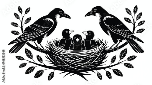 A black and white illustration of a bird family scene with two adult crows and three baby crows in their nest.  
