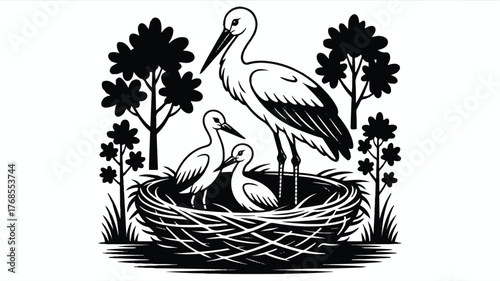 A black and white illustration of a stork family in their nest.  
