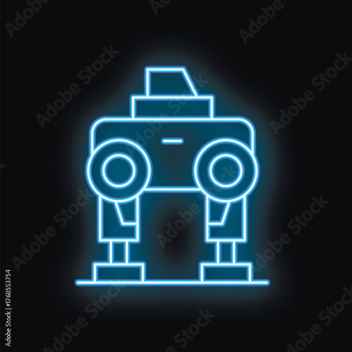 Glowing neon icon representing a futuristic robot with antenna on black background