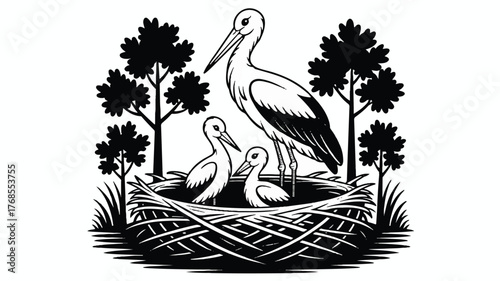 A black and white illustration of a stork family in their nest.  
