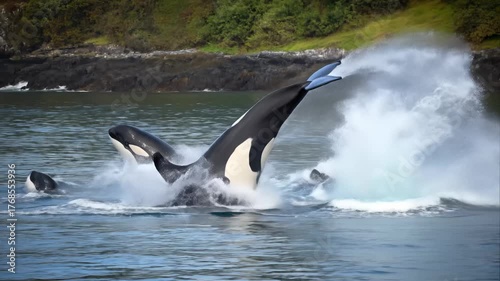 Orca Whale Breaching Out of Water With Coastal Scenery in Background