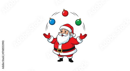 Cheerful Santa Claus character bringing holiday magic and fun by juggling colorful festive baubles in a cartoon vector illustration